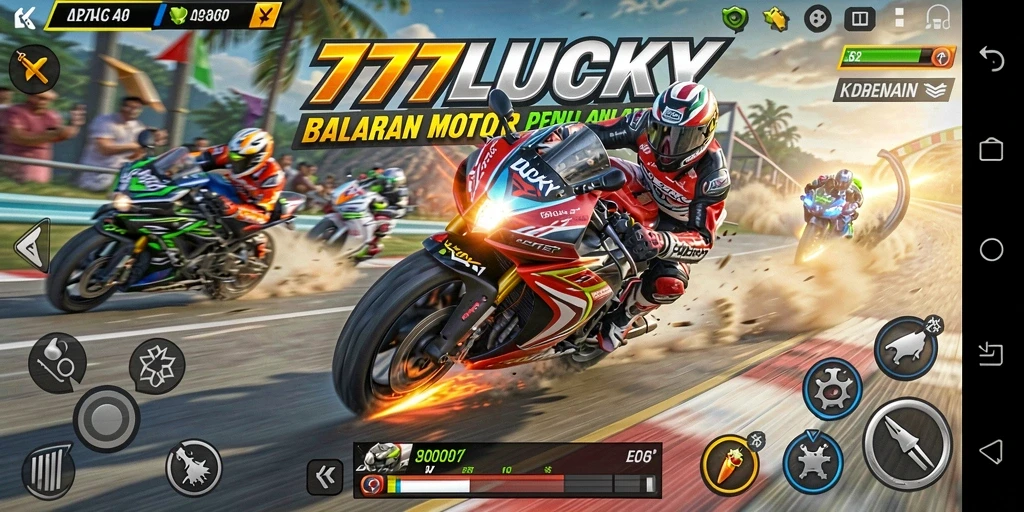 Tangkapan layar gameplay <strong>777LUCKY</strong> menampilkan balapan motor yang seru.
