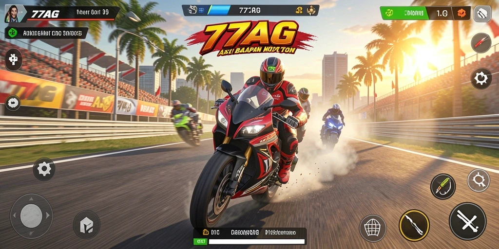 Screenshot utama 77AG menampilkan aksi balapan motor yang mendebarkan.