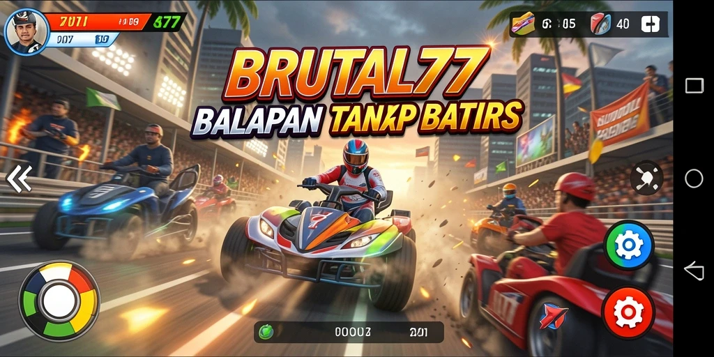 Screenshot gameplay BRUTAL77 dengan aksi balapan yang menegangkan.