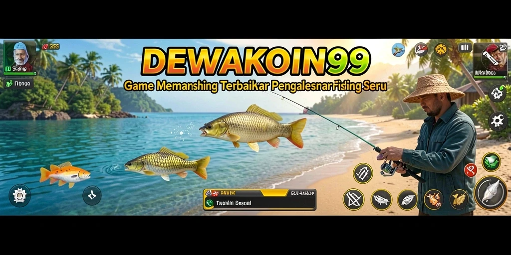 Tampilan gameplay DEWAKOIN99 saat memancing dengan berbagai alat dan lokasi yang menarik.