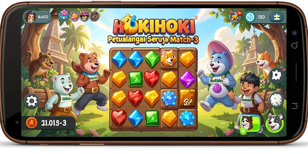 Tampilan gameplay seru HOKIHOKI dengan elemen Match-3 yang menarik.