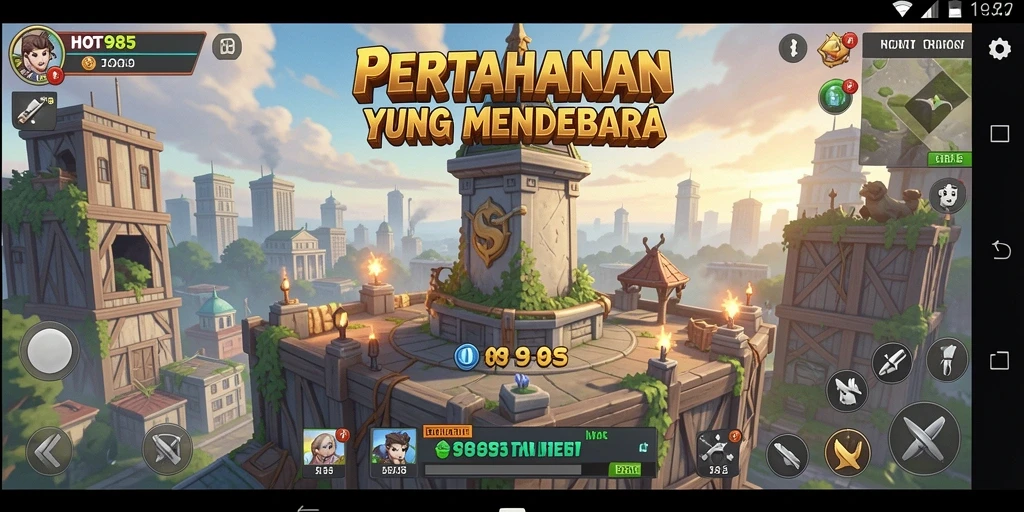 Tampilan gameplay HOT985 dengan menara dan musuh yang dinamis.