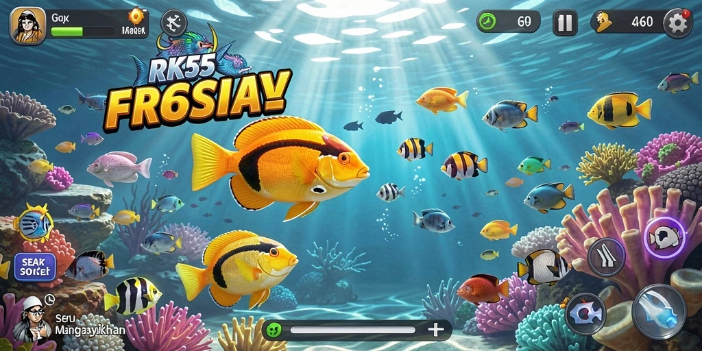 Tampilan seru gameplay Tembak Ikan RK55 dengan grafis memukau.