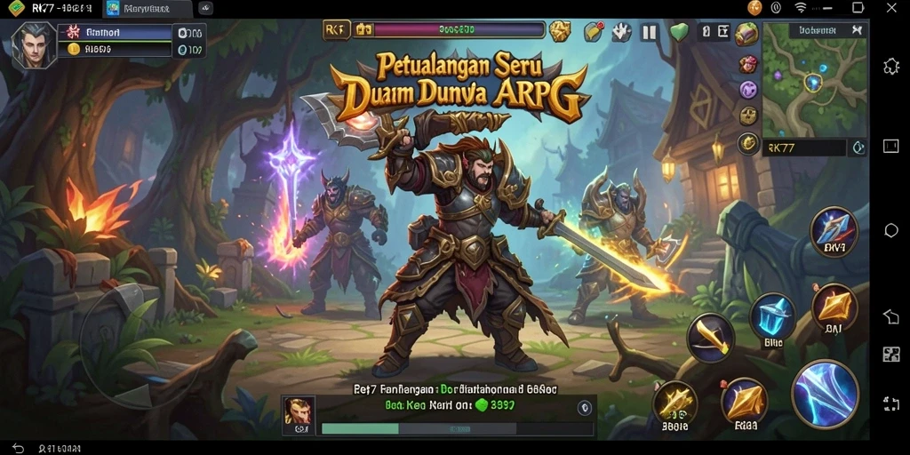 Screenshot menampilkan pertarungan epik dalam game ARPG RK77.
