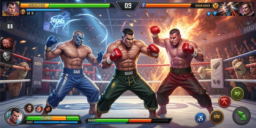 Screenshot gameplay SUKA86 saat pertarungan seru antar karakter.