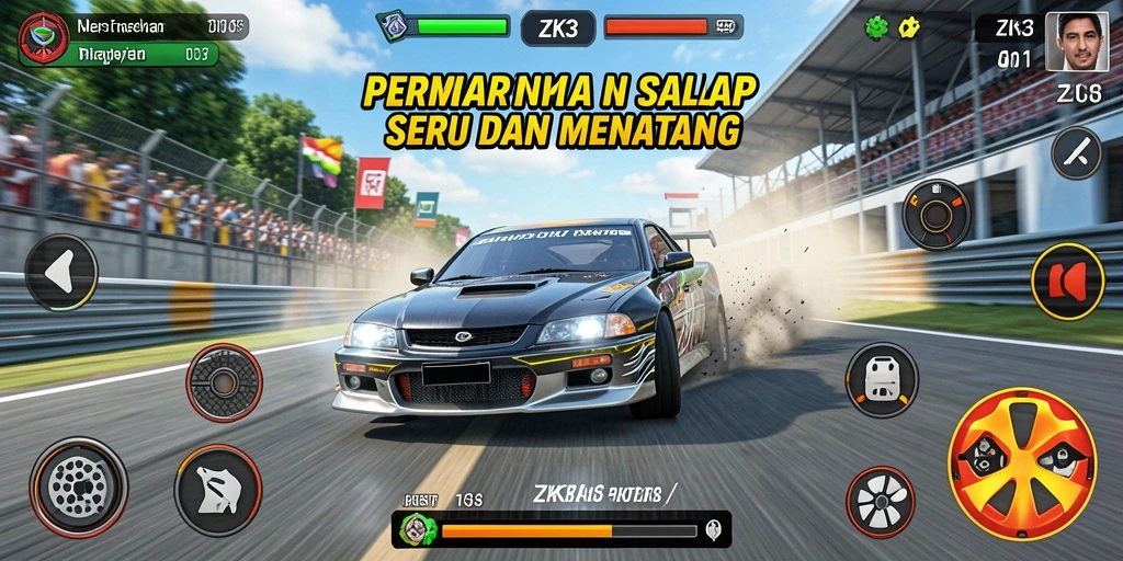 Screenshot gameplay ZK3 menunjukkan aksi balap yang mendebarkan.